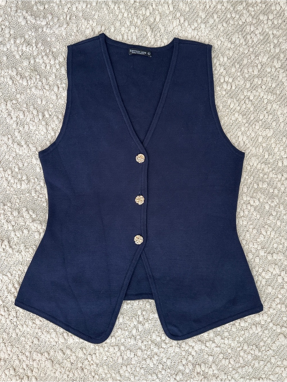 Emerson Lang Knit Vest Top Navy Blue Gold Button Front V Neck Sleeveless Size L